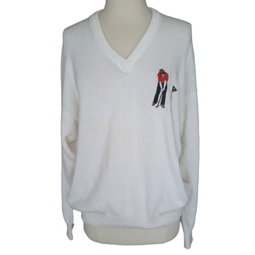 Sansabelt Golf V-neck Sweater Men's Medium Vintage 80s Preppy White Grandpacore